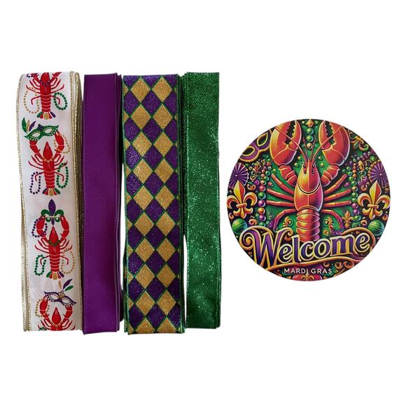 Mardi Gras Wreath Kit | Welcome Crawfish Sign & Ribbons Bundle | DIY Home Decor - Picture 1 of 5
